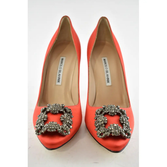 Manolo Blahnik Hangisi 105 Rosso Red Satin Crystal Jewel Buckle Heel Pump 36.5 - Picture 5 of 12